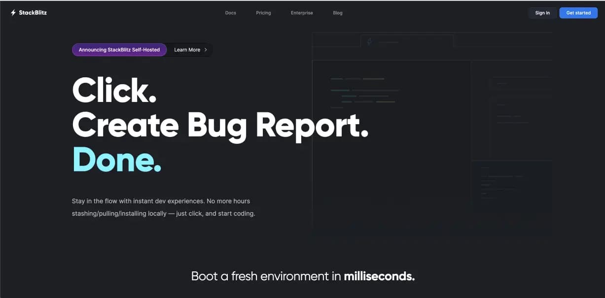 Stackblitz landing page screenshot