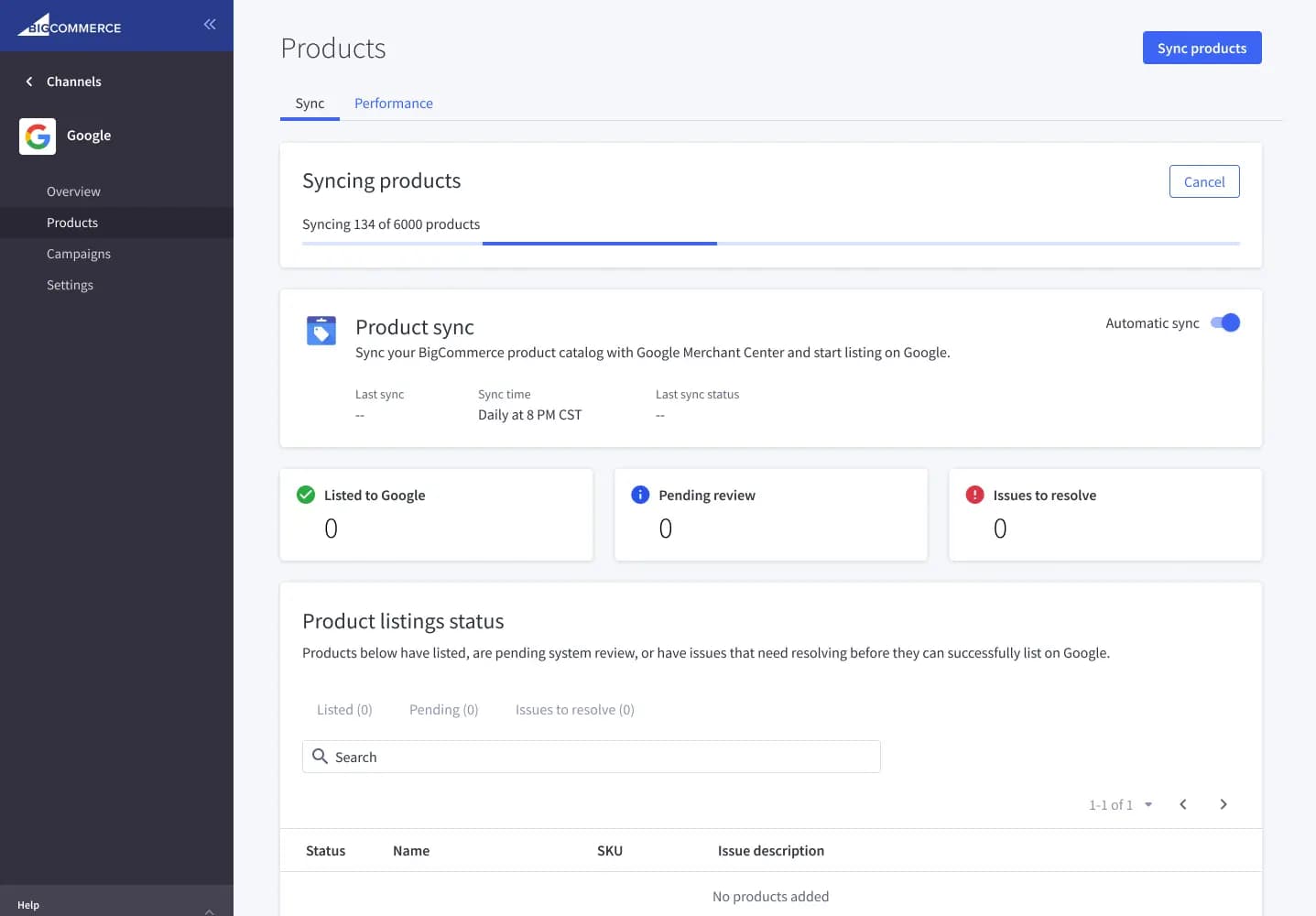 Screenshot of product sync page in Google channel
