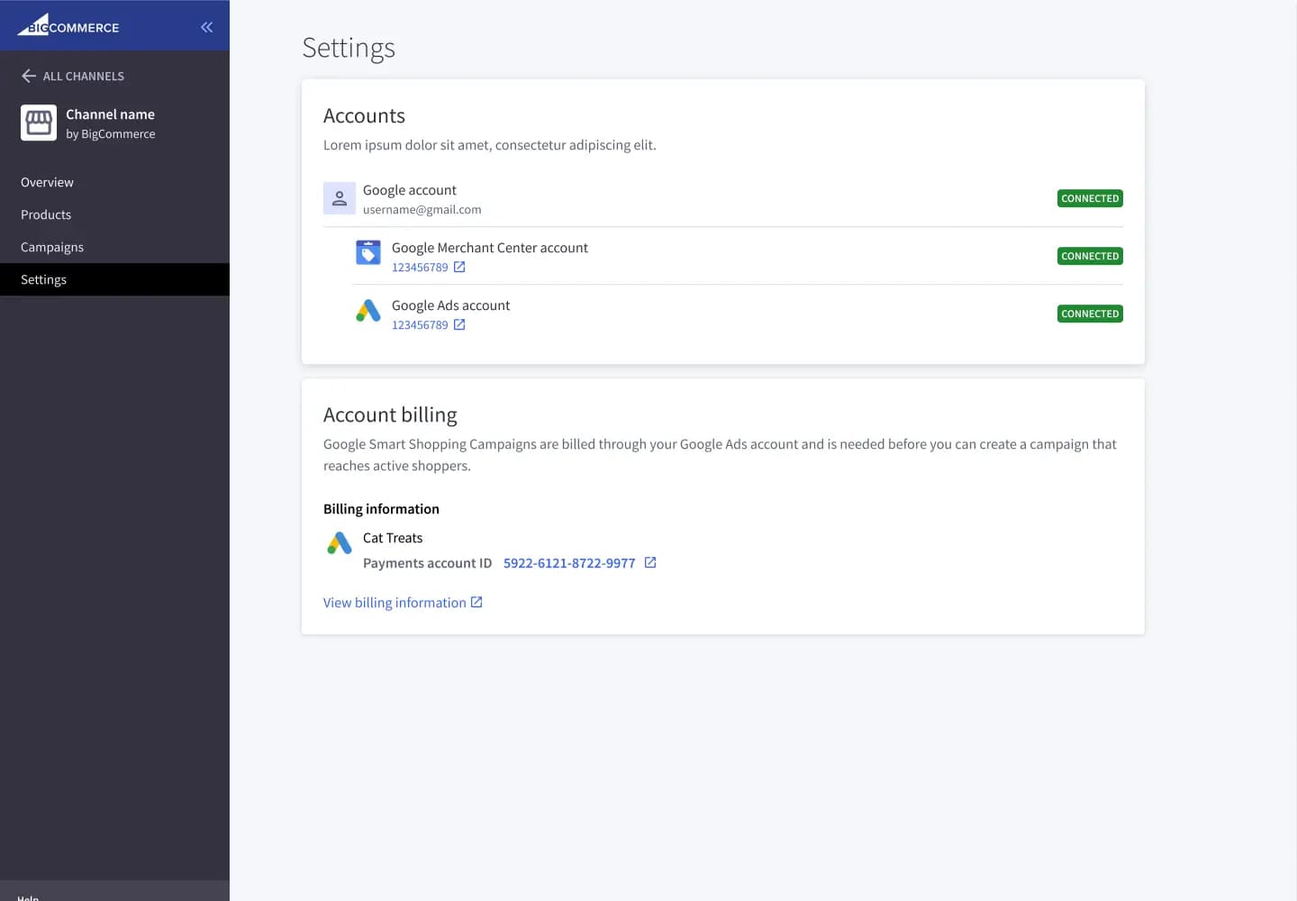 Screenshot of settings page in Google channel